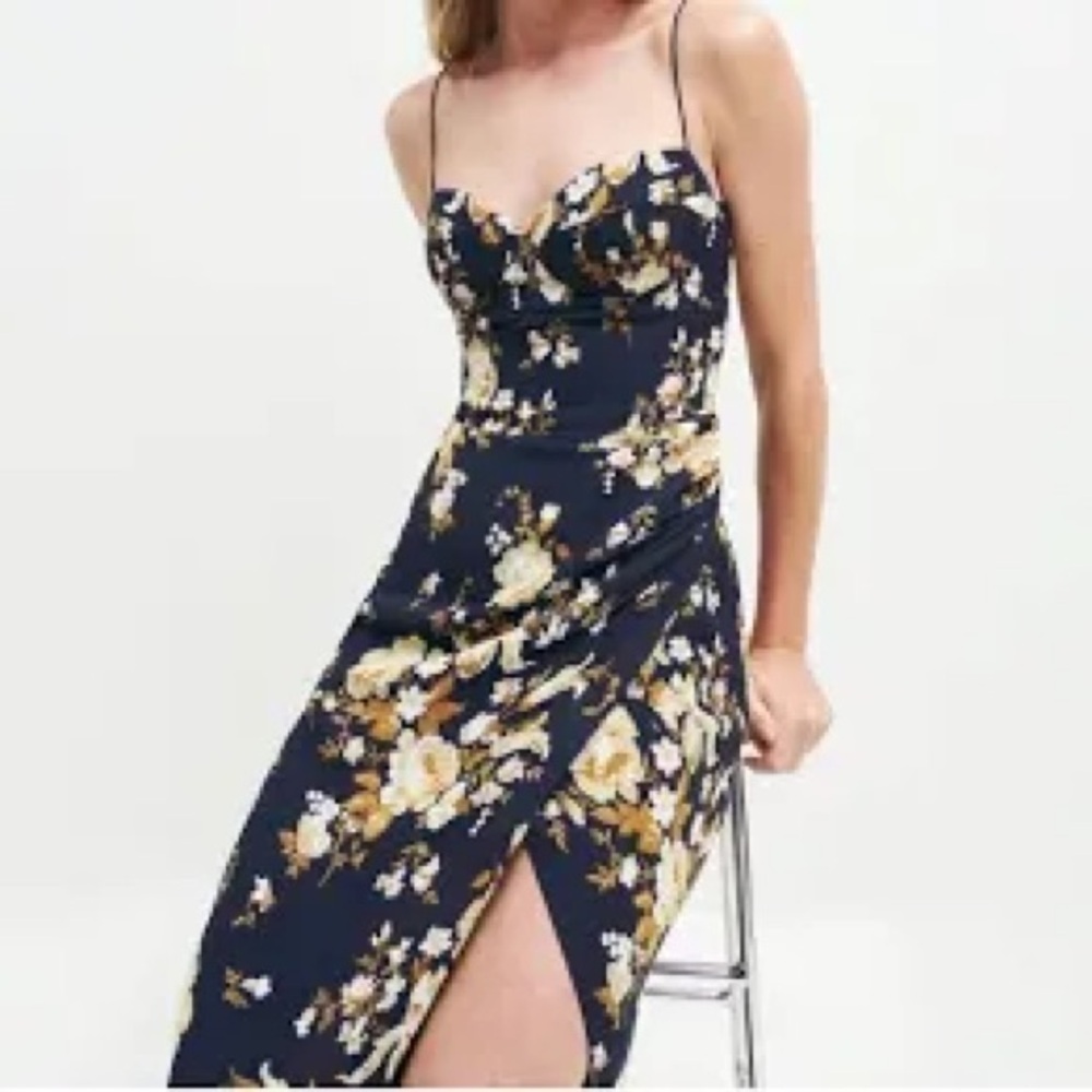 Reformation Kourtney Navy Floral Spaghetti Strap Dress